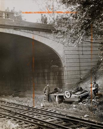 (CAR ACCIDENTS) A group of 20 photographs of car crashes, including many cumpled fenders, a couple on their sides, and officers of the